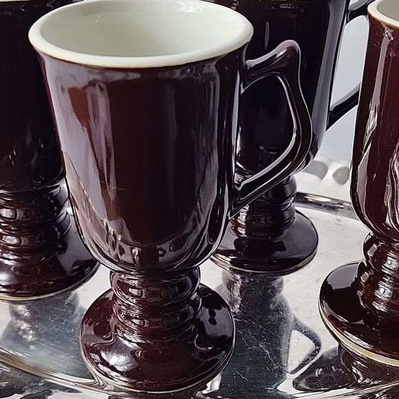 Vintage Chocolate Brown Hall Pottery Pedestal Mugs Set of 4 - Picture 3 of 14